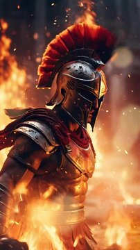 Spartan warrior on fire, seamless looping video background animation	
