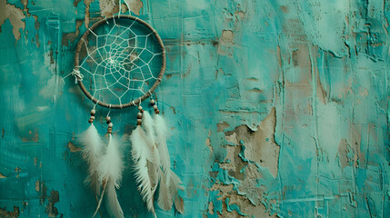 Beige brown dream catcher on turquoise textured background. Texture of concrete,Beautiful dream catcher on blue background, with feathers and beads
 - obrazy, fototapety, plakaty