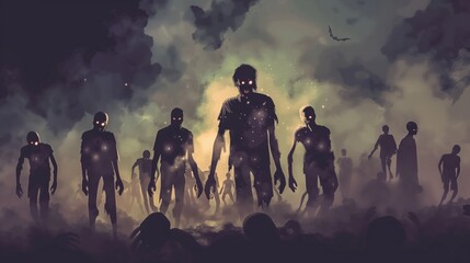 Apocalyptic Zombie Horde Illustration: Creepy Undead with Glowing Eyes - 769612579