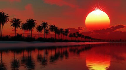 A sunset over a body of water with palm trees in the background - Powered by Adobe