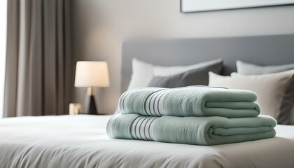 Fototapeta na wymiar Clean towel on bed in modern interior bedroom 