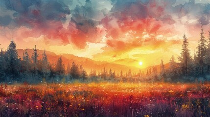 Watercolor Reflection of Mountain Range in Twilight Scenery , Wallpaper , Digital art