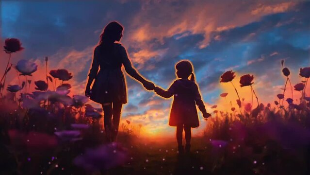parent and child silhouette, seamless looping video background animation	