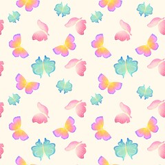Seamless pattern with butterflies on a light yellow background. Watercolor summer background