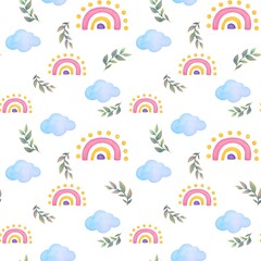 Cute cartoon nursery Seamless pattern rainbow, green twigs, clouds on a white background. watercolor delicate children s print