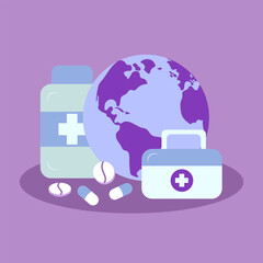 National Doctor's Day. Medicine and health concept. World Health Day. Planet, first aid kit and jar of pills. Flat vector illustration.