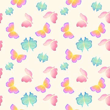 Seamless pattern with butterflies on a light yellow background. Watercolor summer background