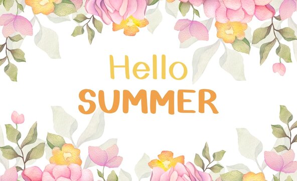 Hello Summer background with pink, yellow flowers. Horizontal design for banner poster or greeting card. badge typography icon with handwritten Lettering