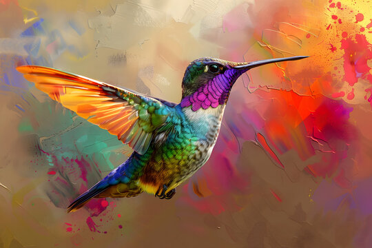 Beautiful illustration of a hummingbird with wings spread. colored in different colors of paint. Paint splatter on blurry backround. AI illustration. 