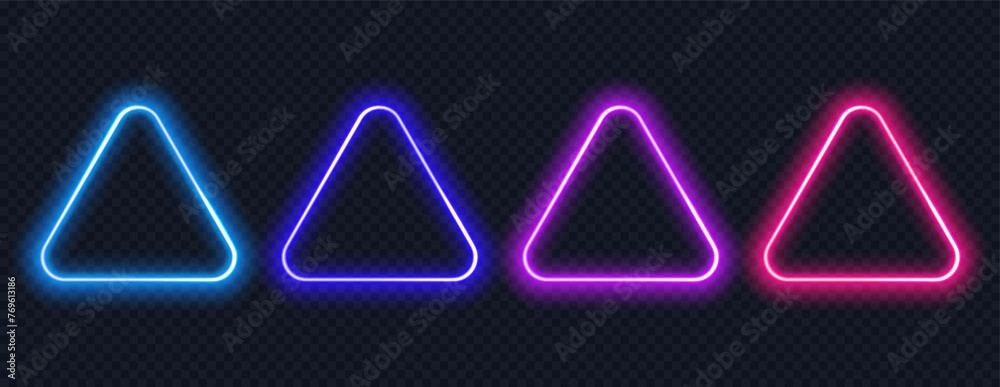 Poster neon button triangle set. glowing colorful border with copy space. realistic neon frame isolated.