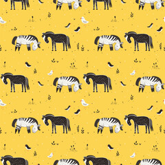 Seamless vector pattern, cartoon horses and birds in a meadow