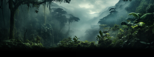 Tranquil Rainforest Canopy with Mist and Lush Tropical Greenery
