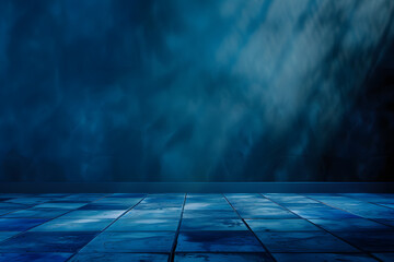 a dark blue gradient background with cinematic light and and a ceramic floor