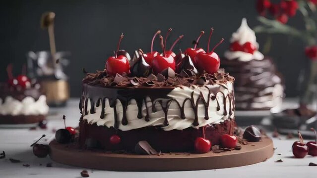 chocolate cake with cherry on top, seamless looping video background animation	