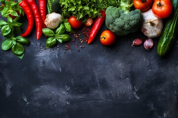 A black background with a variety of vegetables including broccoli, carrots