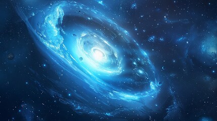 a spinning warping galaxy hyper realistic glowing planet the focal point use colours blue and light blue - obrazy, fototapety, plakaty