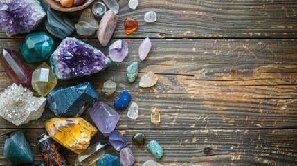 Gemstone Crystal healing layout on a wooden table - obrazy, fototapety, plakaty