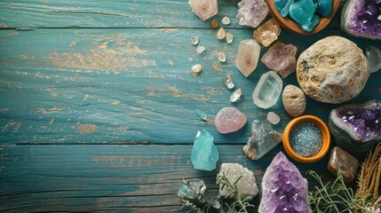 Crystal healing layout on a wooden table - obrazy, fototapety, plakaty