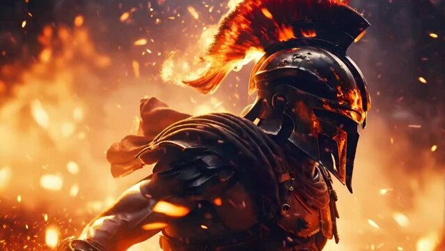 Stunning Spartan warrior on fire video animation, seamless looping video background animation	