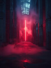 a photo of a dark empty berlin warehouse, red glowing, large stone pillars symmetrical smoke - obrazy, fototapety, plakaty