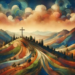 abstract vintage colored cross top of the hill - obrazy, fototapety, plakaty