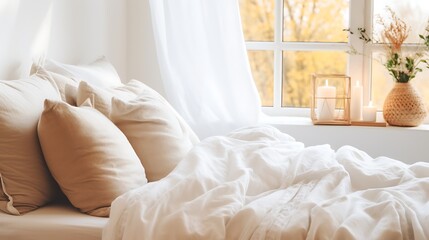 Fototapeta na wymiar bed with white blanket. window in the background. 