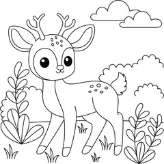 Cute kawaii deer cartoon character in the forest background coloring page vector illustration