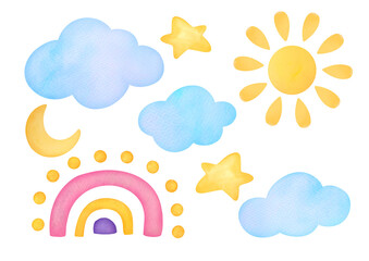 cute sun, rainbow, clouds, stars and moon. children s set of watercolor illustrations of elements of sky. collection of simple clipart and cut out images