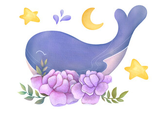 Cute little flying whale with flowers, moon and stars. children s watercolor illustration - fantasy art for kids room decoration or posters, cards, invites