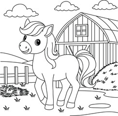 Cute kawaii horse cartoon character coloring page on the farm background vector illustration