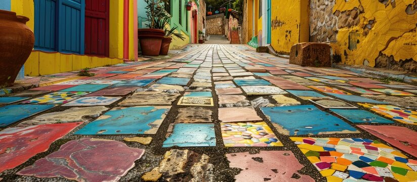 Vibrant tiles in an ancient town core. Mosaic tiles of various colors lining the paths.
