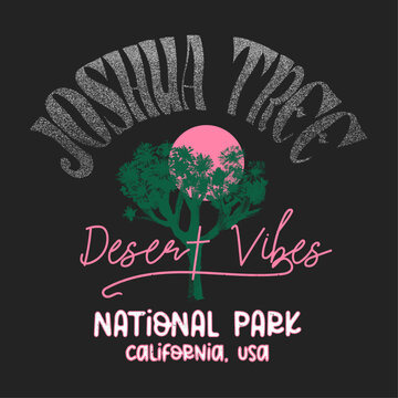 Desert vibes Joshua tree national park California slogan print , hand drawn mountain art with text print mixt together, feel the sunset vintage retro summer t-shirt print design
