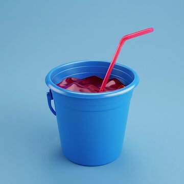 a plain blue round childrens beach bucket filled with red liquid and a drinking straw angle is from slightly above so you can see liquid background 