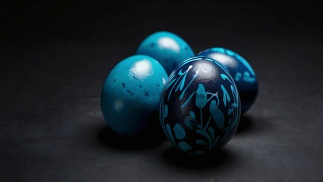 Blue easter eggs are painted by hand on a dark background. Easter stylish minimal composition created with generative ai
