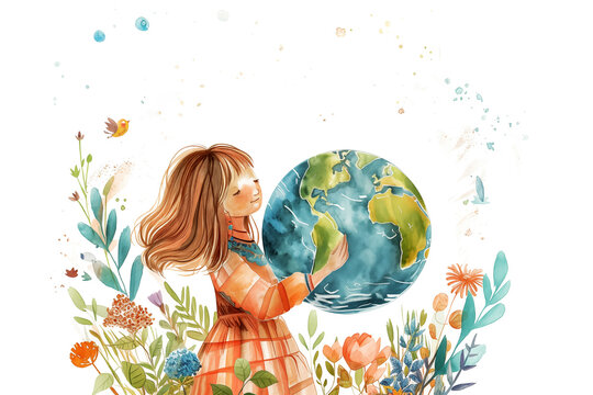 Girl holding Earth globe with colorful flowers and plants around. Earth Day illustration