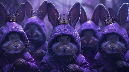 group of cute purple bunnies wearing hoodies and wearing crowns, hyper realistic, hyper detailed, photoshop, lightroom