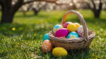 Easter - Painted Eggs In Basket On Grass In Sunny Orchard created with generative ai	