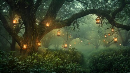 Fototapeta na wymiar Whimsical Forest Trail Lit by Hanging Lanterns