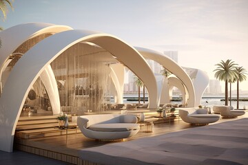 a white structure with curved arches and a fountain - obrazy, fototapety, plakaty
