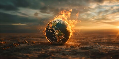 Photo of a burning globe representing global warming climate change and environmental crisis. Concept Environmental Crisis, Global Warming, Climate Change, Burning Globe, Crisis Awareness - obrazy, fototapety, plakaty