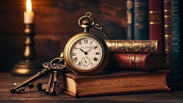 Old vintage watch and key with books, escape room game Time background created with generative ai.