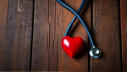 Red heart and stethoscope on wooden table, saving money for health, World Health Day, medical and healthcare business technology concept created with generative ai.
