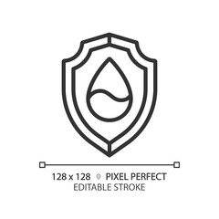 Water security linear icon. Access to drinking water. Social issue. Water droplet and shield. Thin line illustration. Contour symbol. Vector outline drawing. Editable stroke. Pixel perfect