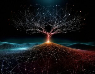 Glowing neural connections sprawl across a digital landscape, symbolizing the intricate thought processes of AI, set against the dark backdrop of cyberspace.