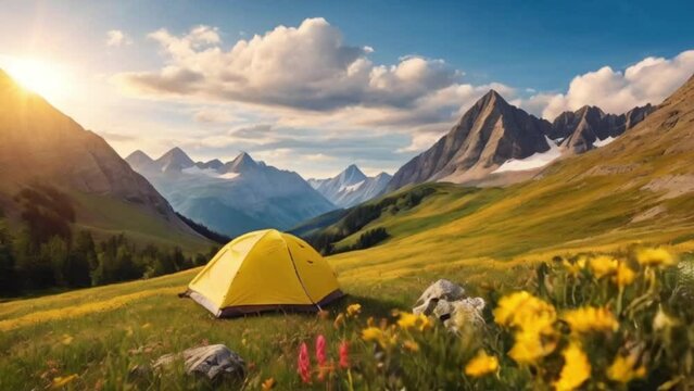 Camping tent in a mountain valley with wild meadow flowers on a background of mountains. Freedom travel and hiking in the mountains concept created with generative ai.
