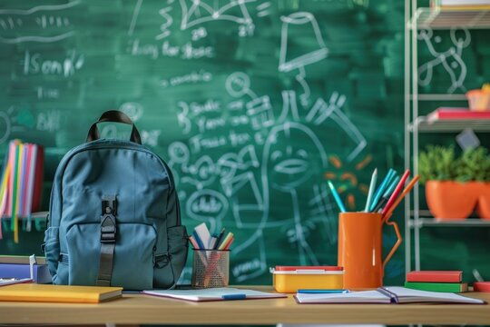 Back to school concept. School supplies on the desk on green chalkboard background in the classroom.