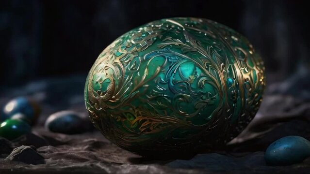 The easter egg appears to be a shimmering metallic orb, emitting an ethereal glow against the dark background created with generative ai