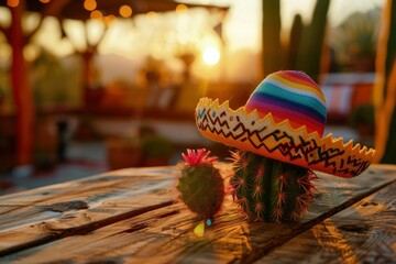 Mexican hat and cactus on wooden table with sunset background.