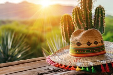 Mexican hat and cactus on wooden table with sunset background.