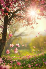 Beautiful spring landscape with blooming sakura tree on meadow